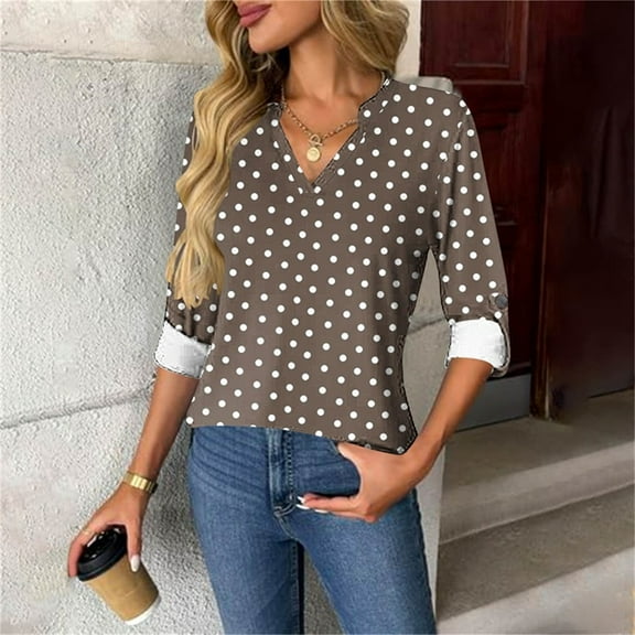 Long Sleeve Shirts for Women, Long Sleeve Womens Tops Dressy Polka Dot Graphic V Neck T Shirts Loose Fit Button Three Quarter Work Blouse
