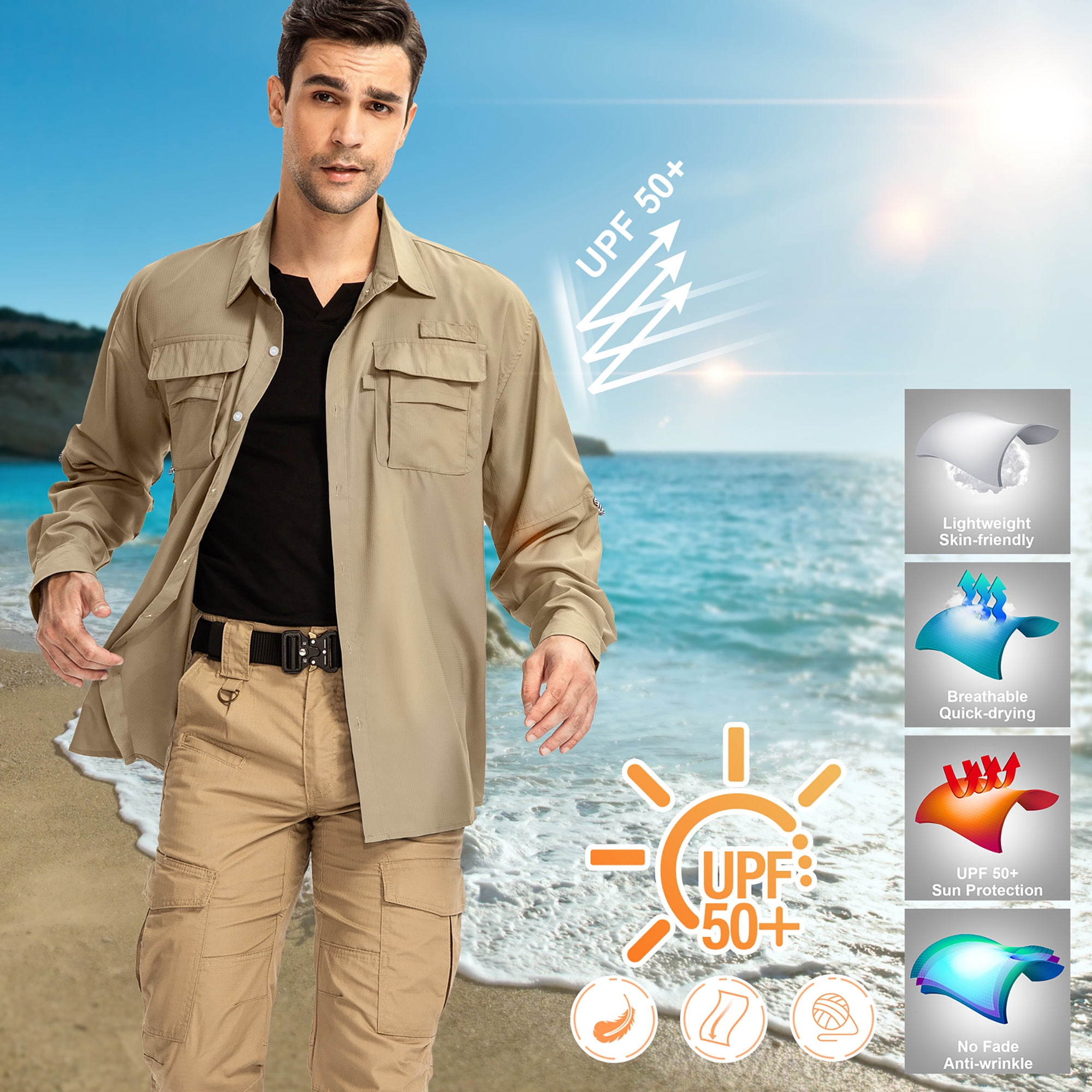POENTAB Long Sleeve Fishing Shirts for Men Quick Dry Hiking Work Shirt Sun Protection UV UPF 50 Button Down Tops With Mesh Line Outdoor Safari