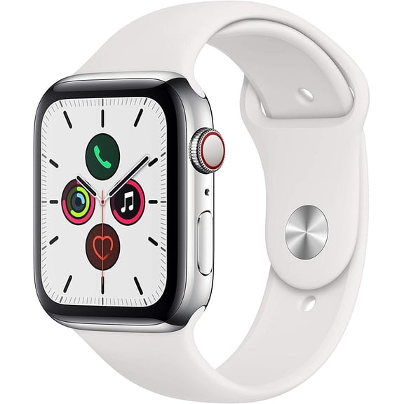Pre-Owned Apple Watch Series 5 GPS + Cellular, 44mm Stainless Steel Case with White Sport Band - S/M & M/L