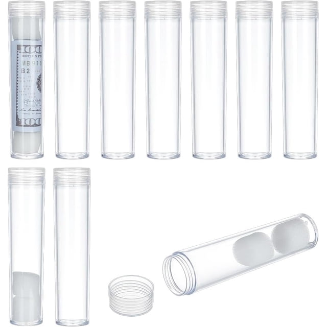 10 PCS Round Clear Coin Storage Tube 0.9inch Inner Diameter Plastic Coin & Paper Money Tube with Screw on Lid Coin Holders Containers for Collecting Coins Banknotes Commemorative Coins