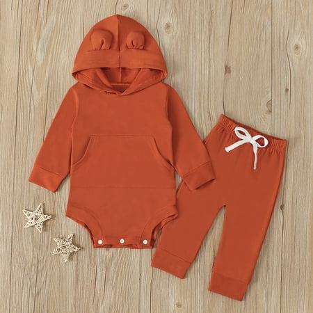 

Augper Baby Girl Clothes Long Sleeve Fall Winter Clearance Newborn Infant Baby Long Sleeve Solid Hoodie Romper Bodysuit Tops+Pants Set Orange
