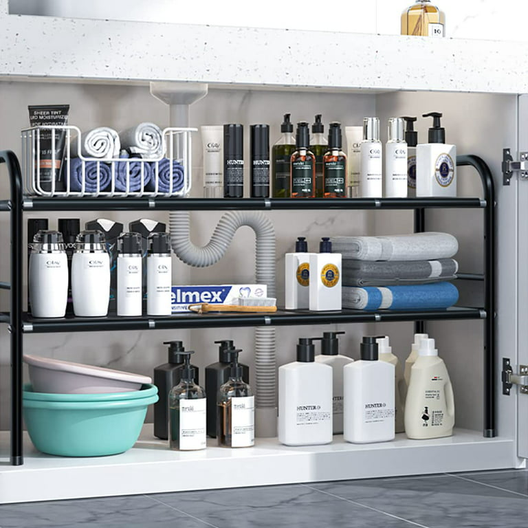 NETEL Under Sink Kitchen Rack Expandable Cabinet Shelf Organizer Shelf with  Removable Panels for Bathroom Storage, Black