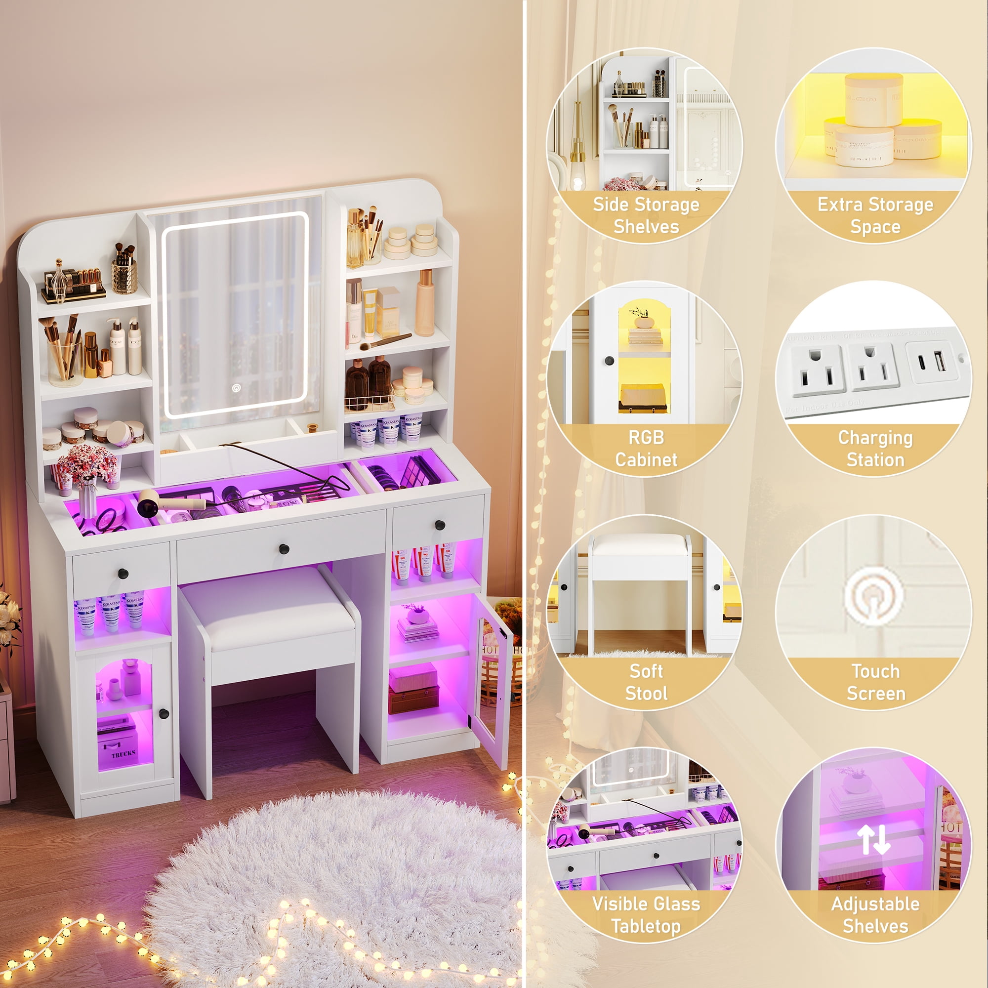 Homy Casa Makeup Vanity Table with Lighted Mirror, RGB Lights, Charging & Stool, White