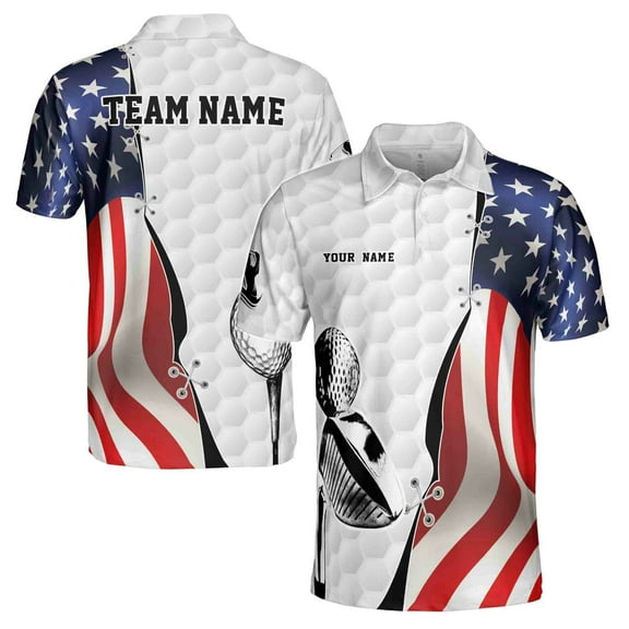 Custom Name Team American Flag Golfer Stick Silhouette Men's Polo Shirt S-5XL