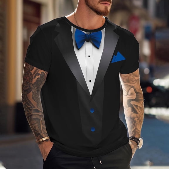 Guzom Valentine's DayWomens Blue Faux Tuxedo Short Sleeve Graphic Tee, Stretch Breathable Dressy Casual Top,Size 2XL