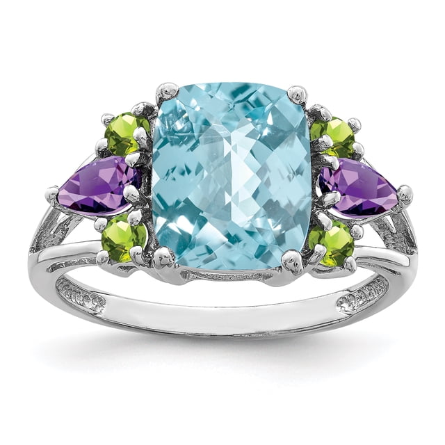 925 Sterling Silver Rhodium Light Swiss Blue Topaz, Amethyst and Peridot Ring