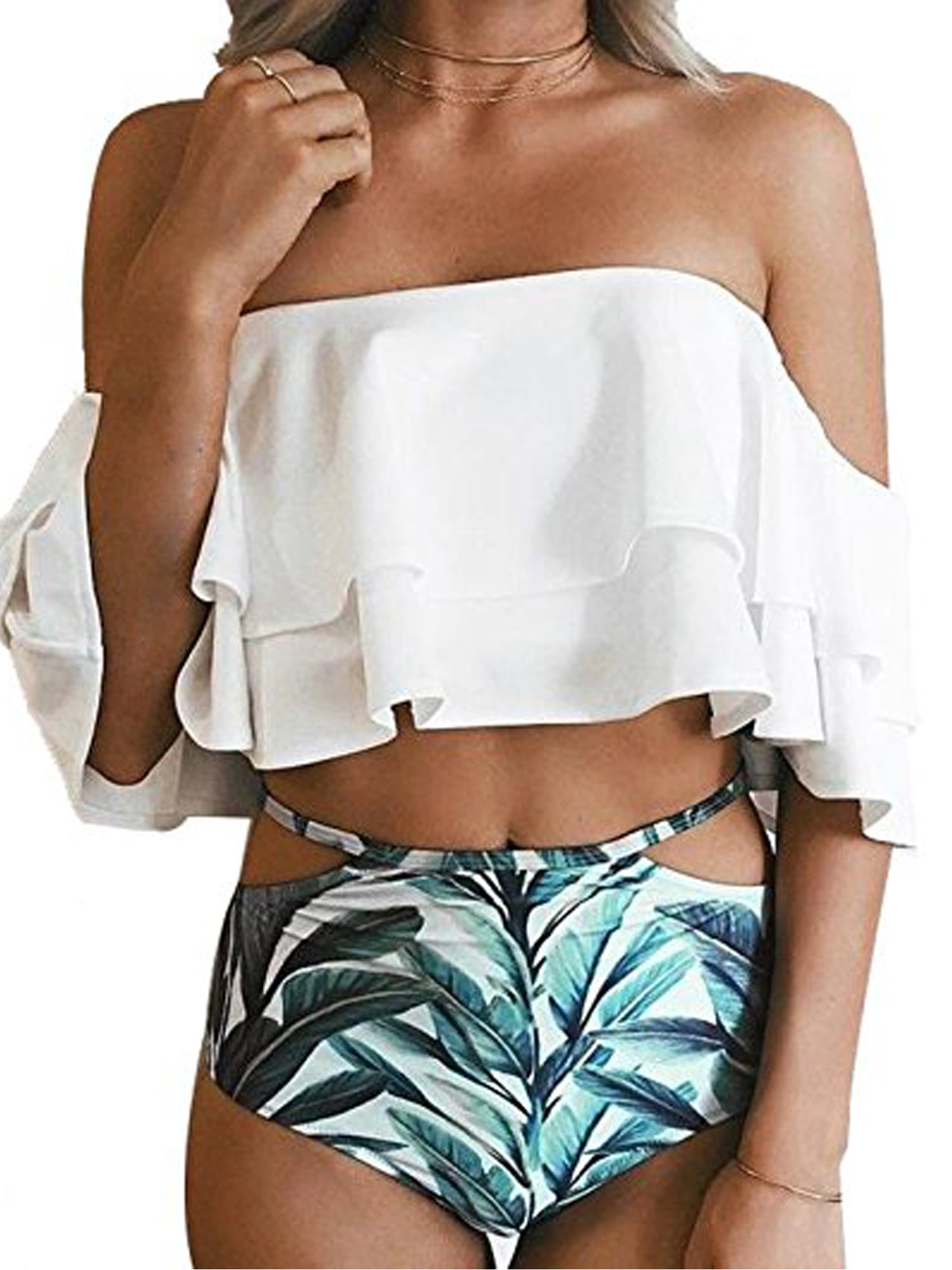 SAYFUT Women Two Piece Swimsuit Set Off Shoulder Ruffled Flounce Crop  Bikini Top with Floral Print Cut Out Bottoms