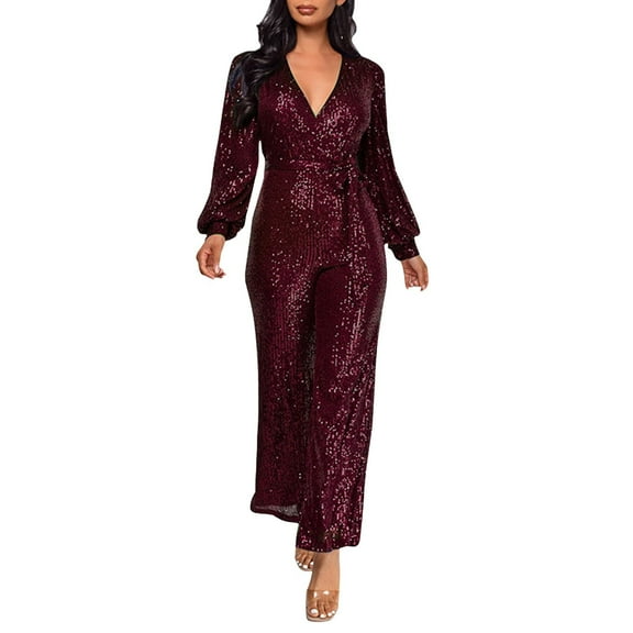 FEIFLY Casual O-Neck Jumpsuit Long Sleeve Belted Sequin Jumpsuit Solid Color Stylish Women Onesie