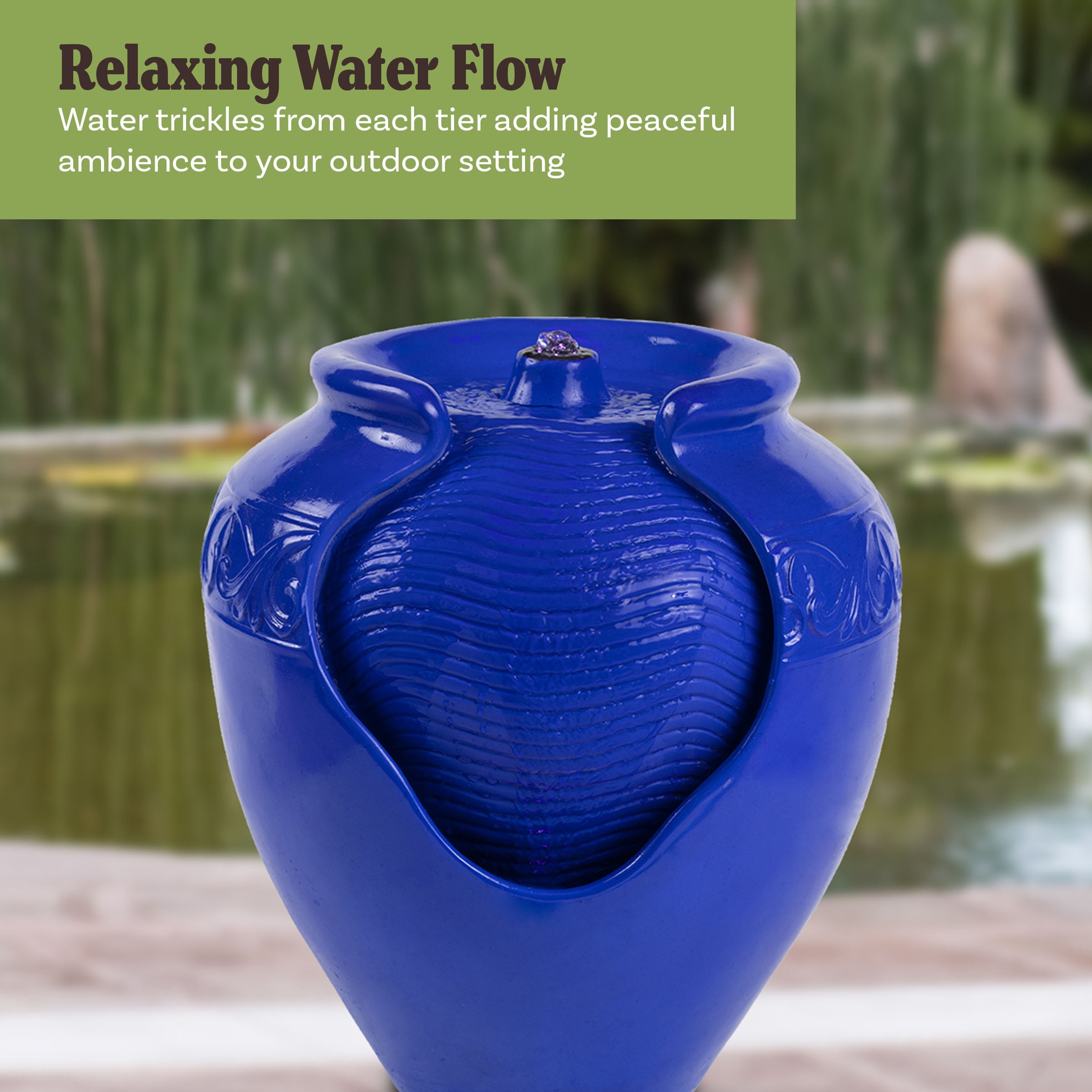 Pure Garden Jar Water Fountain – Indoor or Outdoor Water Feature with Electric Pump and LED Lights by Pure Garden (Cobalt Blue)