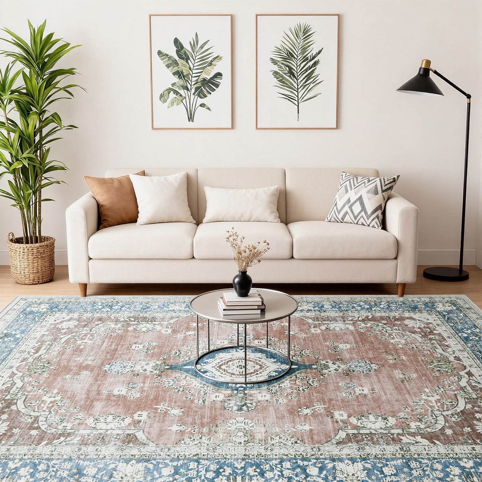 8'x10' Area Rugs for Living Room Washable, Persian  Pink Vintage Boho Non Slip Rug- Oriental Traditional Farmhouse Carpet for Bedrooms Dining Room, Living Room, Home Office.