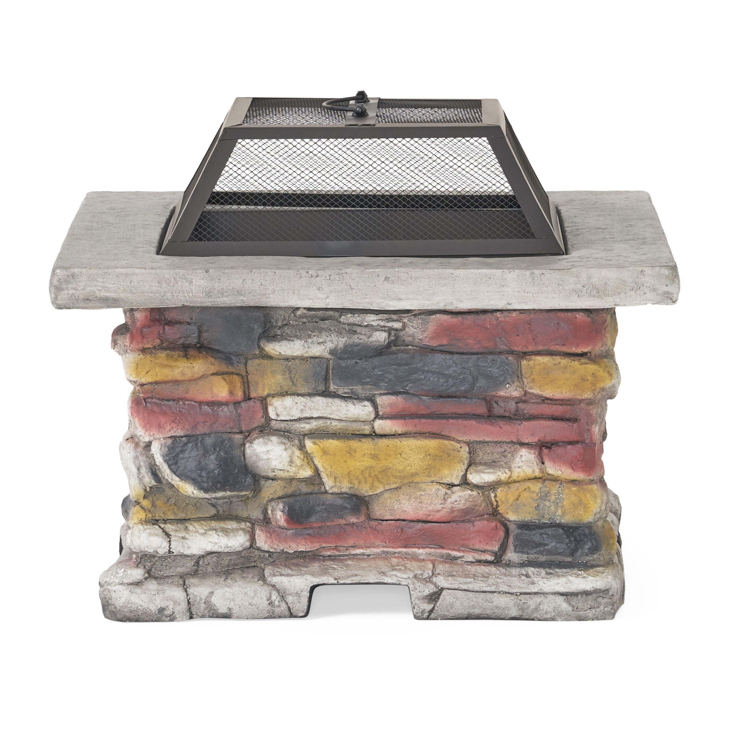 Michaela Outdoor 5 Piece Acacia Wood Adirondack Chair Set with Wood Burning Concrete Fire Pit, Natural Stone, Grey