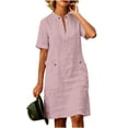 thumbnail image 2 of Guieoi Summer Dresses for Women V-Neck Short-Sleeve Cotton-Linen Casual Straight-Cut Solid-Color Dress with Pockets Pink XL, 2 of 7