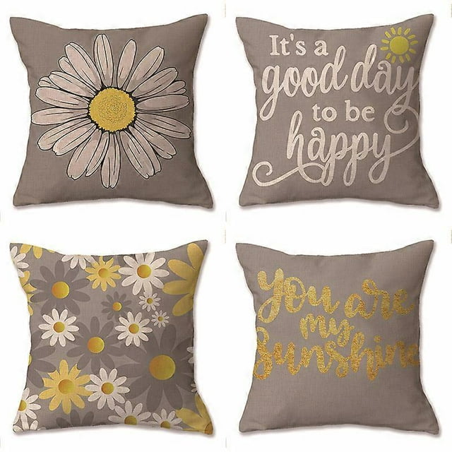 Set of 4 Throw Pillow Covers You are My Sunshine Yellow Gray Decorative Square 18x18 Inches Pillowcases