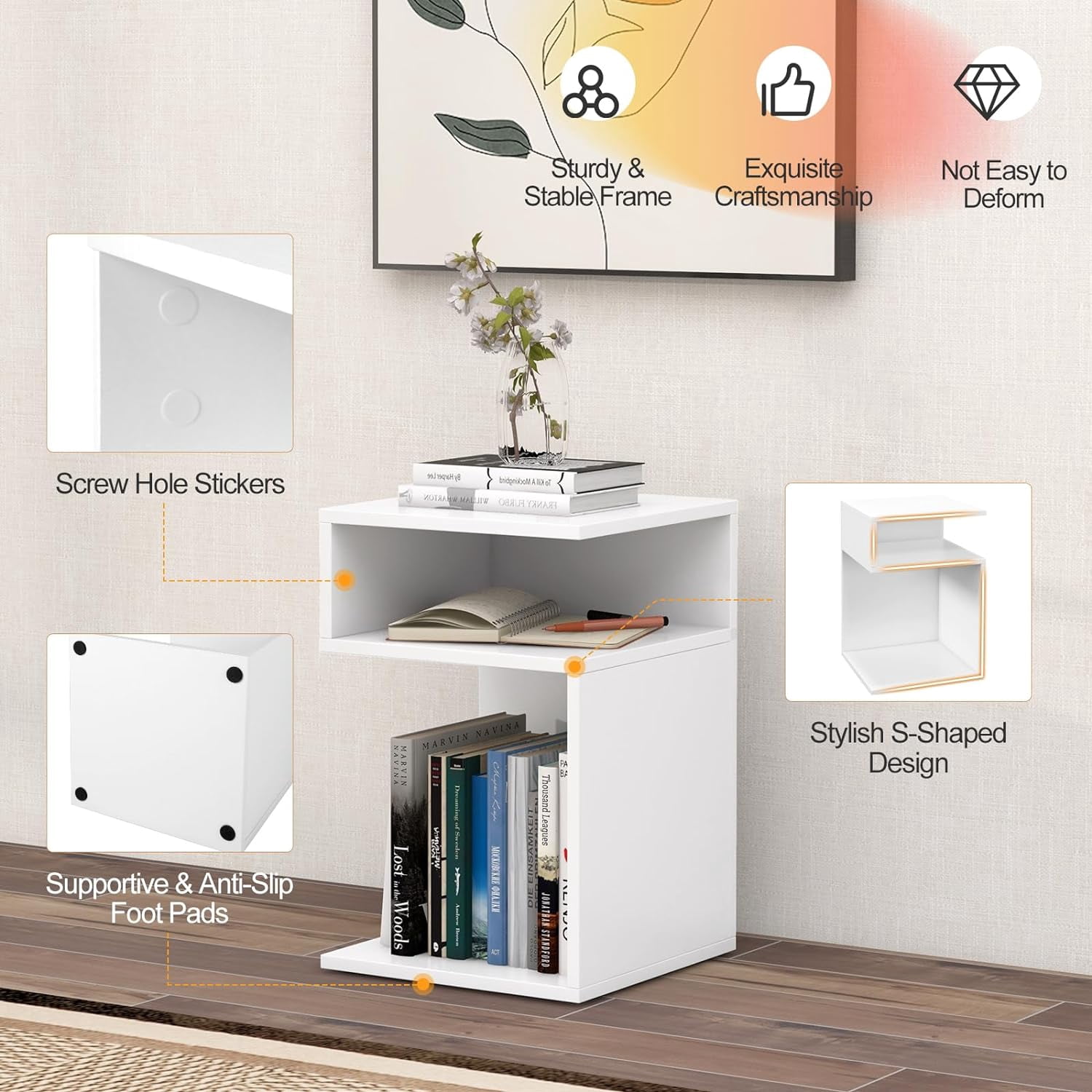 Gymax Modern Designer S-Shaped End Table Side Table for Small Space White