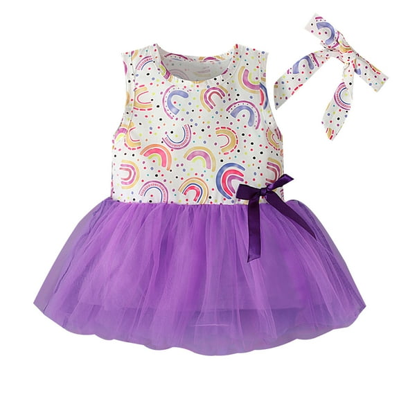 Odeerbi Girls Dress Baby Girls Clothes Toddler Kids Cute Summer Sleeveless Flowers Print Mesh Bow Dress Skirt Suit Purple
