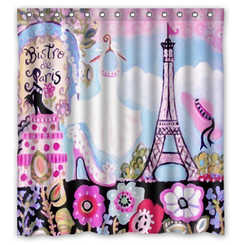 LB Paris Theme Shower Curtain Effiel Tower with Red Umbrella Heart on The Ground Romantic Shower Curtains for Girly Bathroom,Waterproof Fabric 60x72 Inch with 10 Hooks