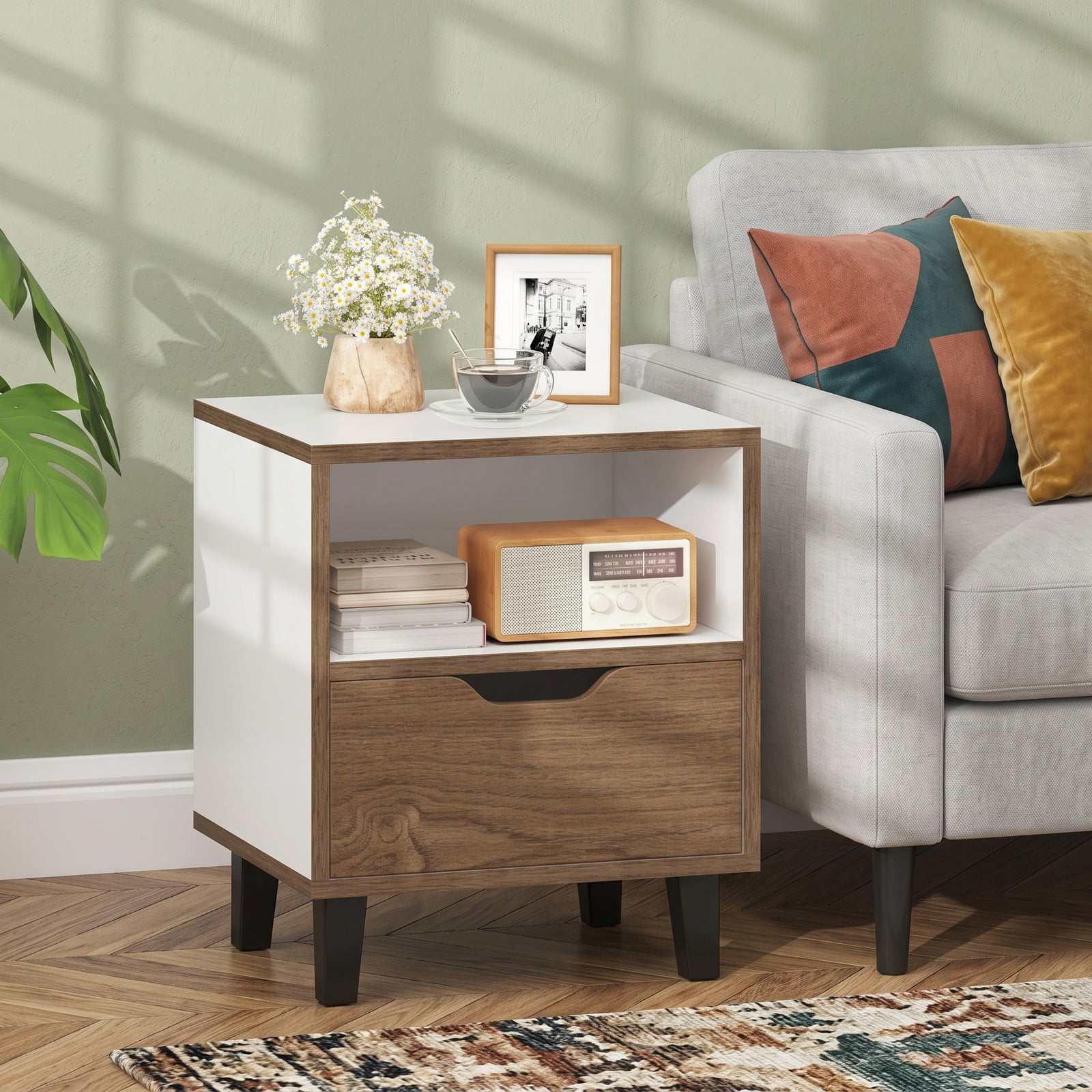 Furnibear Nightstand with Drawer and Open Storage Shelf, Two-tone Bedside Table with Metal Legs for Bedroom and Sofa Side, White