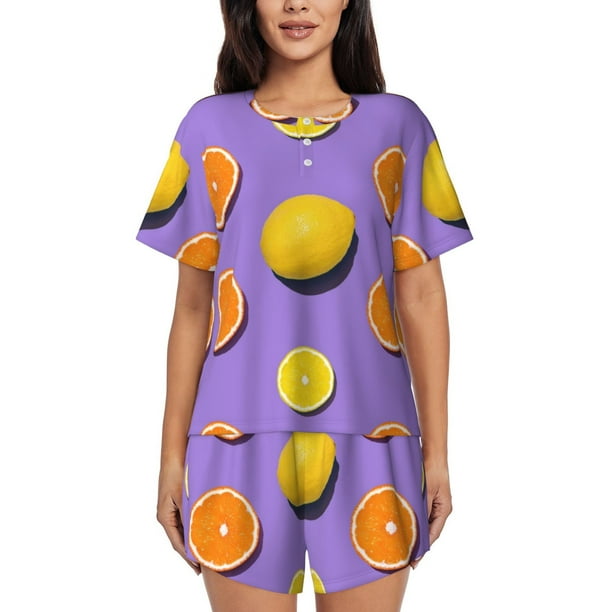 Balery Yellow Lemon And Orange Conjunto de Pijama para Mujer con Estampado, Dos Piezas de Manga Corta y Shorts, Ropa de Dormir Suave con Cuello Redondo y Bolsillos-Medium