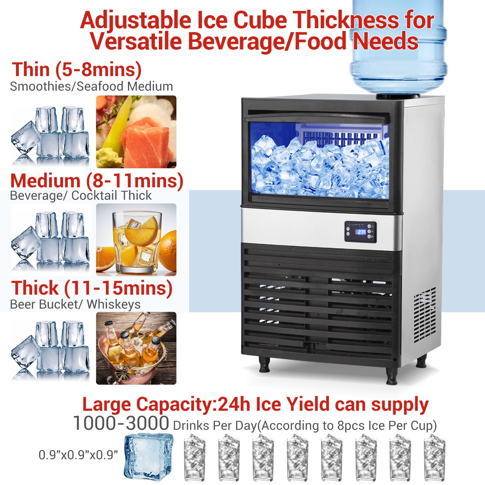 110lbs/24H Commercial Ice Maker Machine, 27lbs Storage, Makes 55 Clear Cube Ice Every Cycle in 10-20 Mins, Stainless Steel