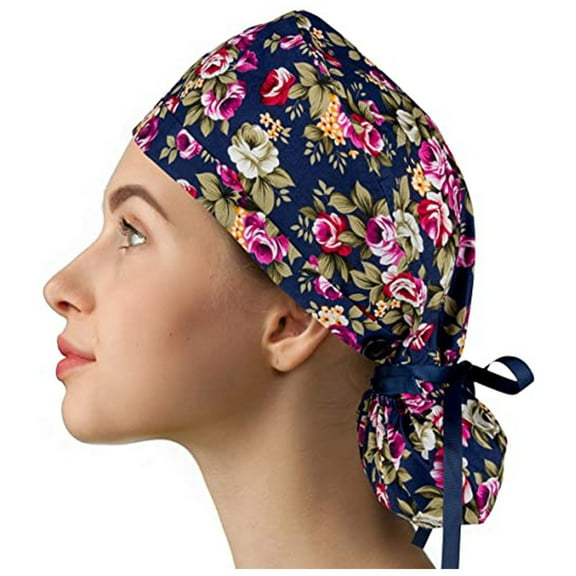 Xysaqa Scrub Caps for Women Cute Printed Nursing Hats with Buttons Adjusting Bouffant Nurse Hats Ponytail Holder Bouffant Turban Hats