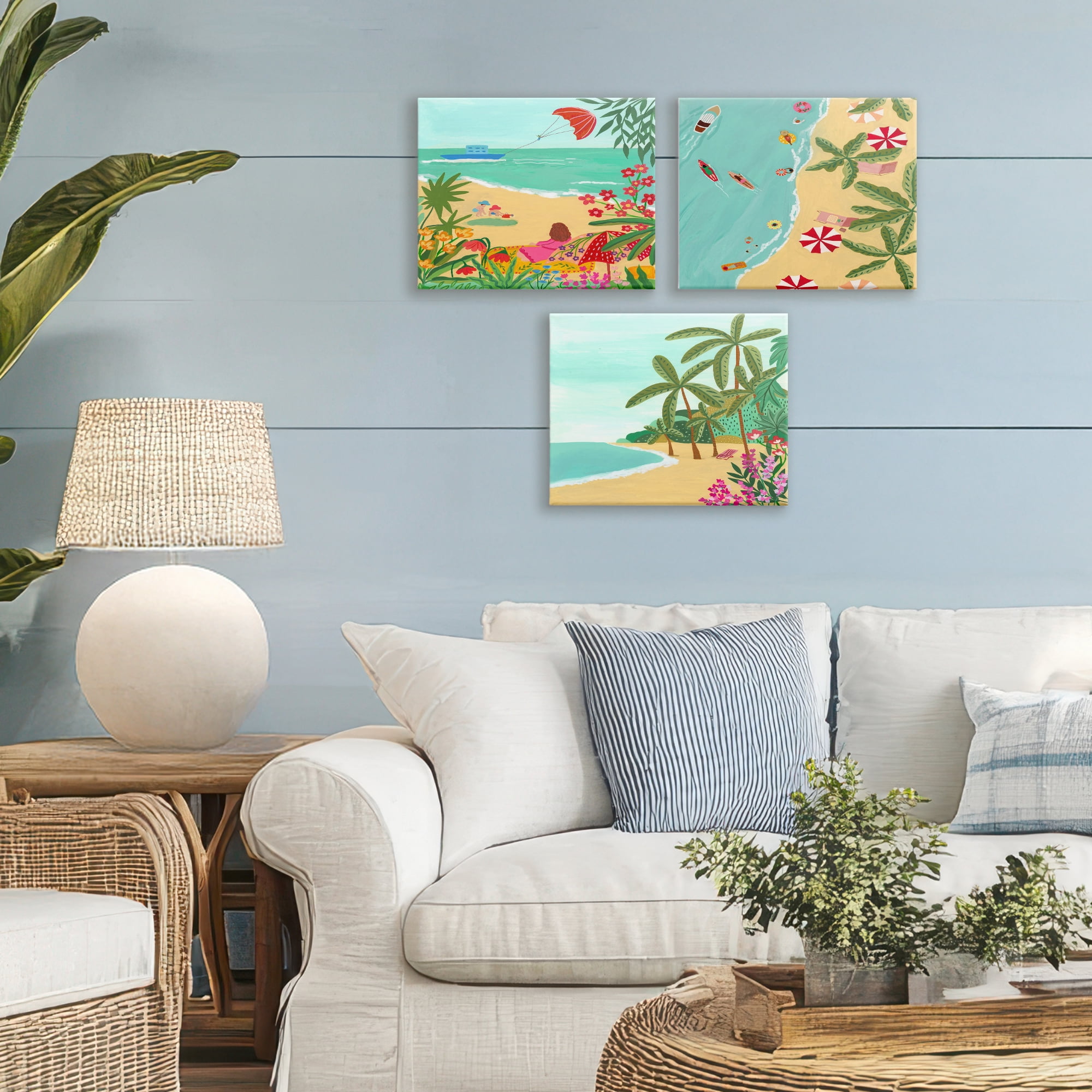 Busy Beach And Flowers 3 Piece Canvas Wall Art Set, design by Nabeela Rumi