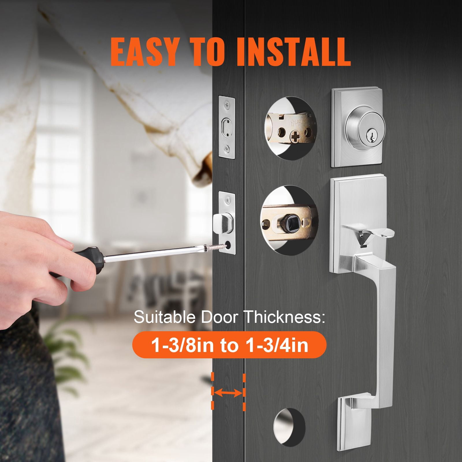 Entry Door Handle with Deadbolt Zinc Alloy Die-Casting Adjustable Hole Spacing Reversible for Front Office Use