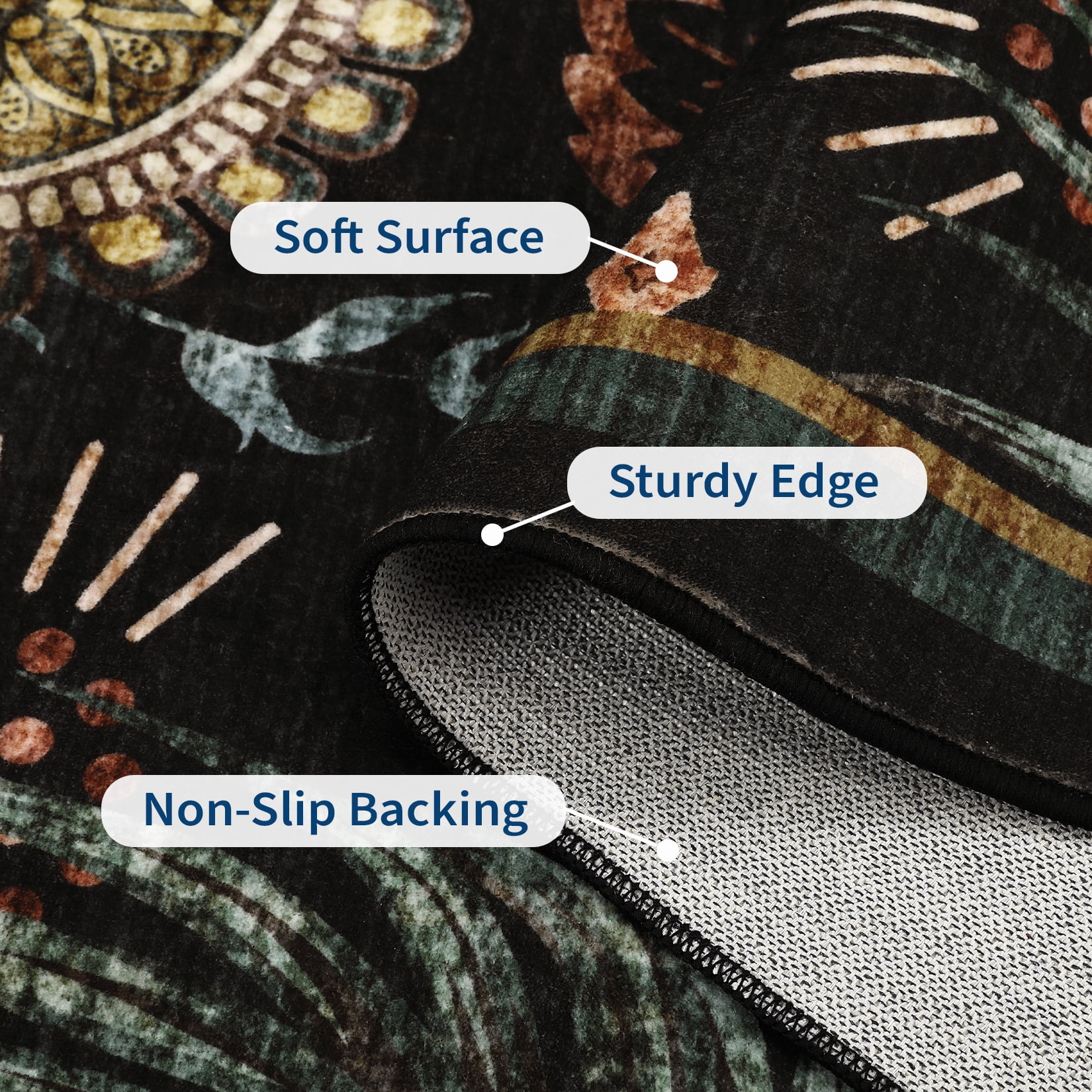 HOMERRY Floral Print Non Slip Area Rug 9' x 12' for Living Room Washable Indoor Carpet, Black
