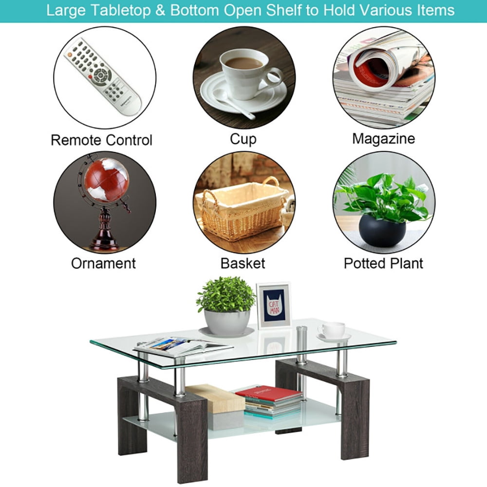 Finihen Glass Coffee Table, Rectangular Coffee Table, Rectangular Tempered Glass Coffee Table with Shelf, for Living Room, Reception Room, Black Finihen Glass Coffee Table, Rectangular Coffee Table, Rectangular Tempered Glass Coffee Table with Shelf, for Living Room, Reception Room, Black