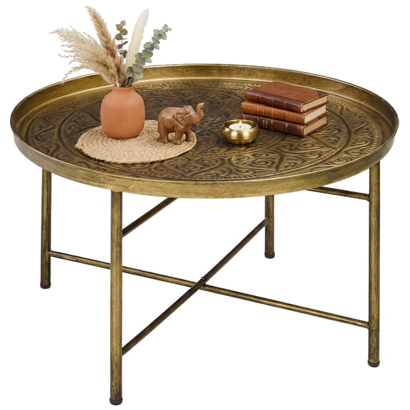 Round Coffee Table for Living Room, 24" Gold Metal Center Table with Hammered Tray Top and Reinforced Frame, Stable Side Tea Table with Adjustable Feet for Bedroom or Office