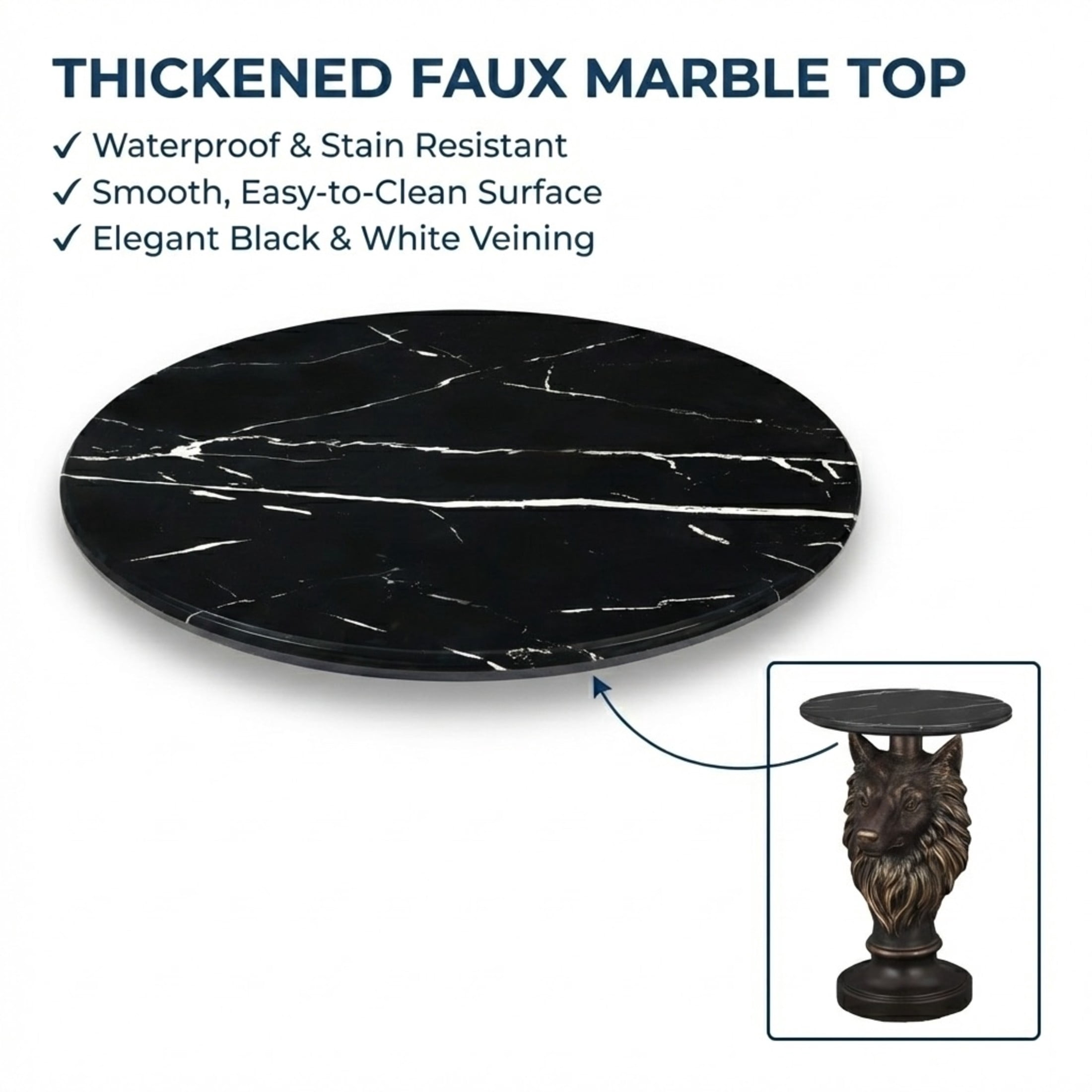 Noble House Wolf Head Accent Table, Animal Statue End Table with Faux Marble Tabletop for Living Room, Antique Brown