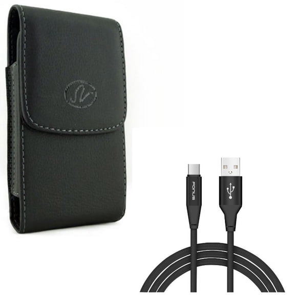 Black Leather Case Cover Protective Pouch w 10ft Long Durable Braided USB Type-C Cable Sync Wire Y1Y for LG V35 ThinQ, Stylo 4 Plus - Motorola Moto Z4 Z3 Play Z2 Play Z Play Droid Force Droid