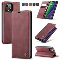 Feishell Slim Wallet Phone Case for Apple iPhone 15 6.1 inch,Premium PU Leather Magnetic Closure Folio ID Credit Card Slots Shockproof Protective Flip Kickstand Phone Cover,Winered