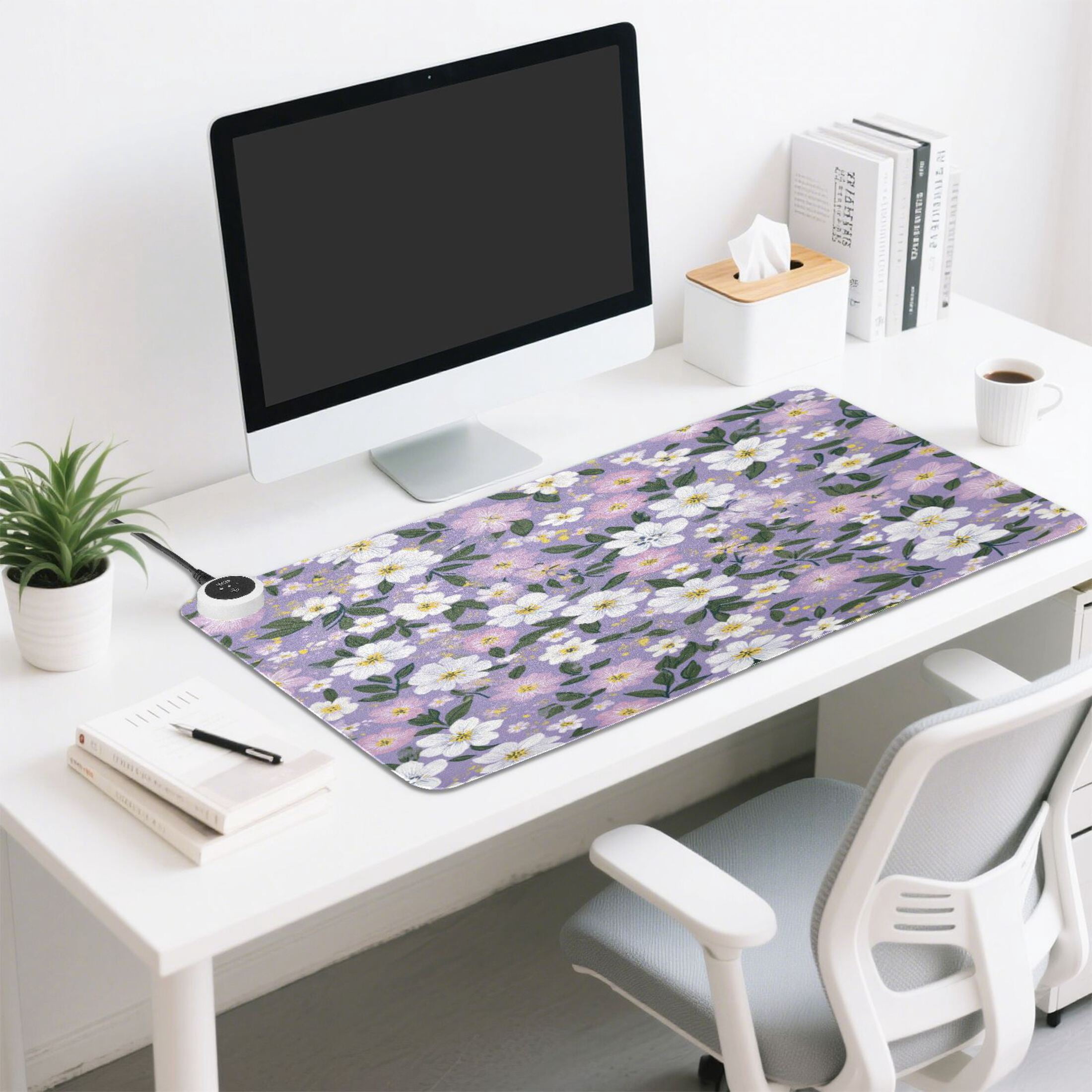 Large Heated Desk Mat Mouse Pad 31.5"x13"PU Leather Graphene Heating Desk Warmer with 3 Temperature Settings 110V US Plug Non-Slip Warm Pad for Home, Office, and Gaming Dainty Floral Seamless Print