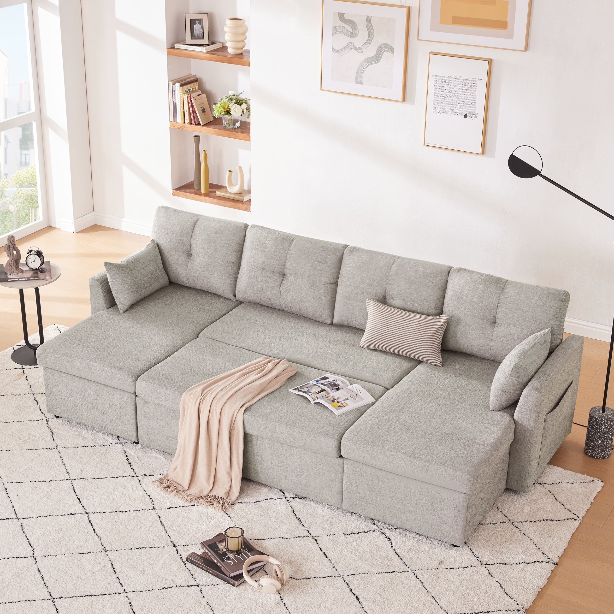 Weture Sectional Sleeper  Sofa, 2 in 1 Pullout Bed with Storage Chaise and Pillows, Side Pocket, LightGray