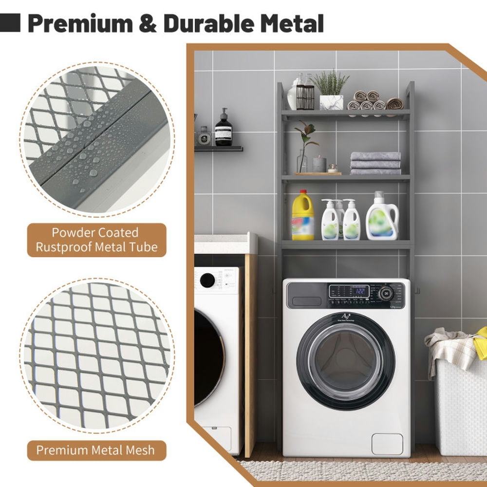 Finihen Toilet Storage Rack, Toilet Storage Shelf, Over-The-Toilet Storage Shelf Space Saving Metal Bathroom Organizer Hooks, for Bathroom, Gray