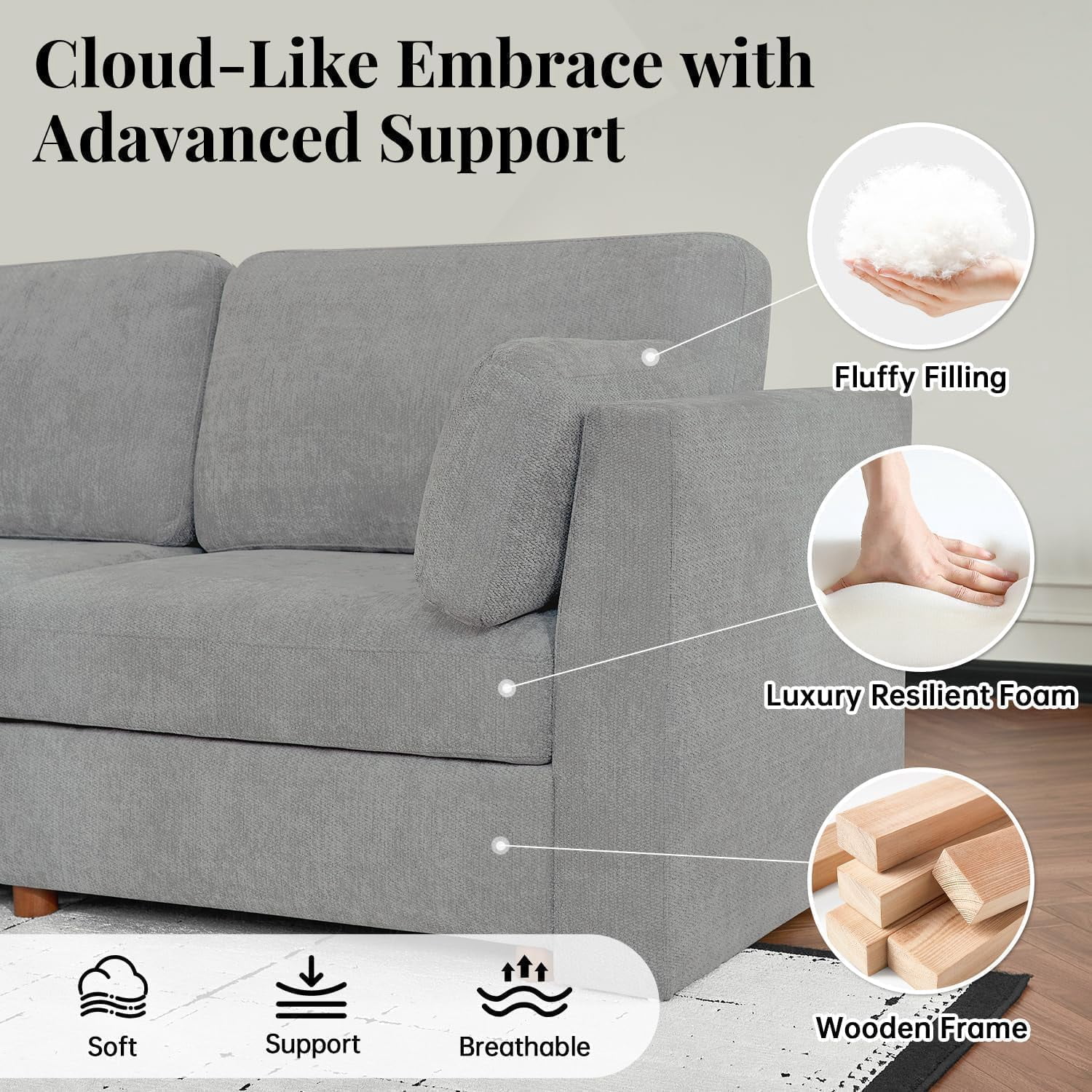 Howcool Cloud Couch Modular Sectional Sofa 6 Seat 134" U Shaped Convertible Couch Chenille Thick Cushion with 2 Storage Ottomans and Toss Pillows Washable Removable Cover for Living Room,Beige
