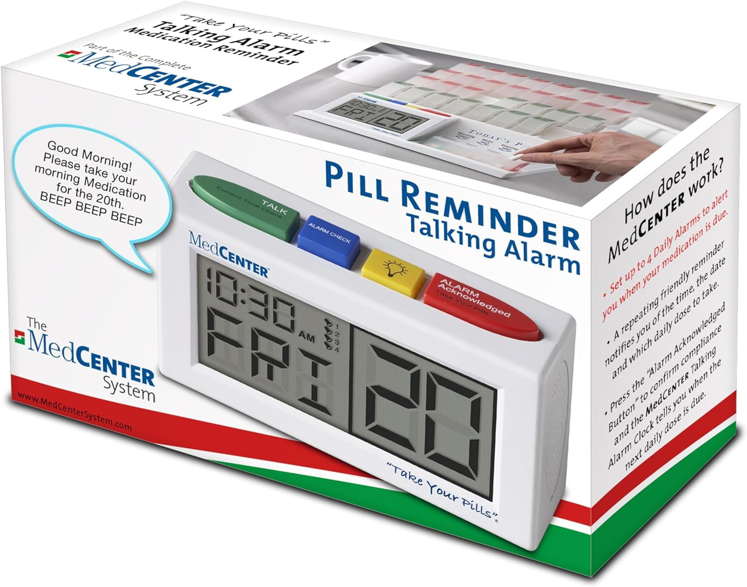 FSA/HSA Medcenter Talking Alarm Clock – Medication Reminder with Easy-Set Alerts for Seniors, Extra-Large Display, 0.56 lb, White