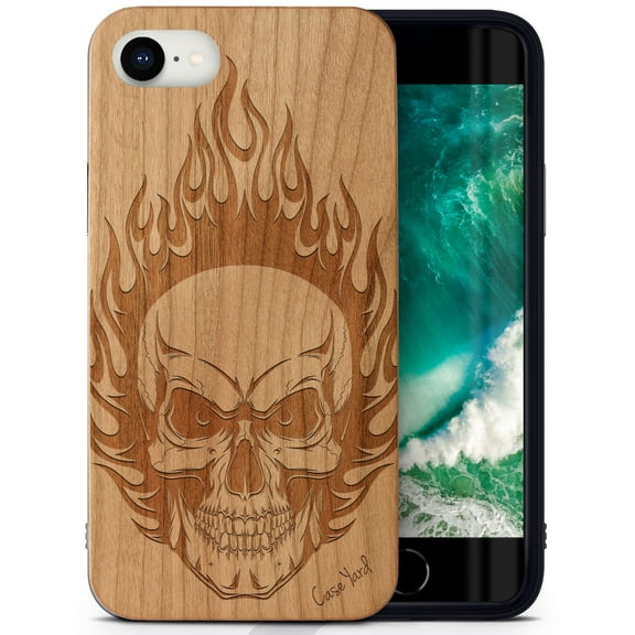 Case Yard Wooden Case Outside Soft TPU Silicone, Slim Fit Shockproof Wood Protective Phone Cover for Girls Boys Men and Women, Supports Wireless Charging Skull On Fire Design case for iPhone-SE