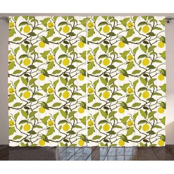 Lemons Curtains 2 Panels Set, Bloomless Lemon Tree with Ripe Fruits and