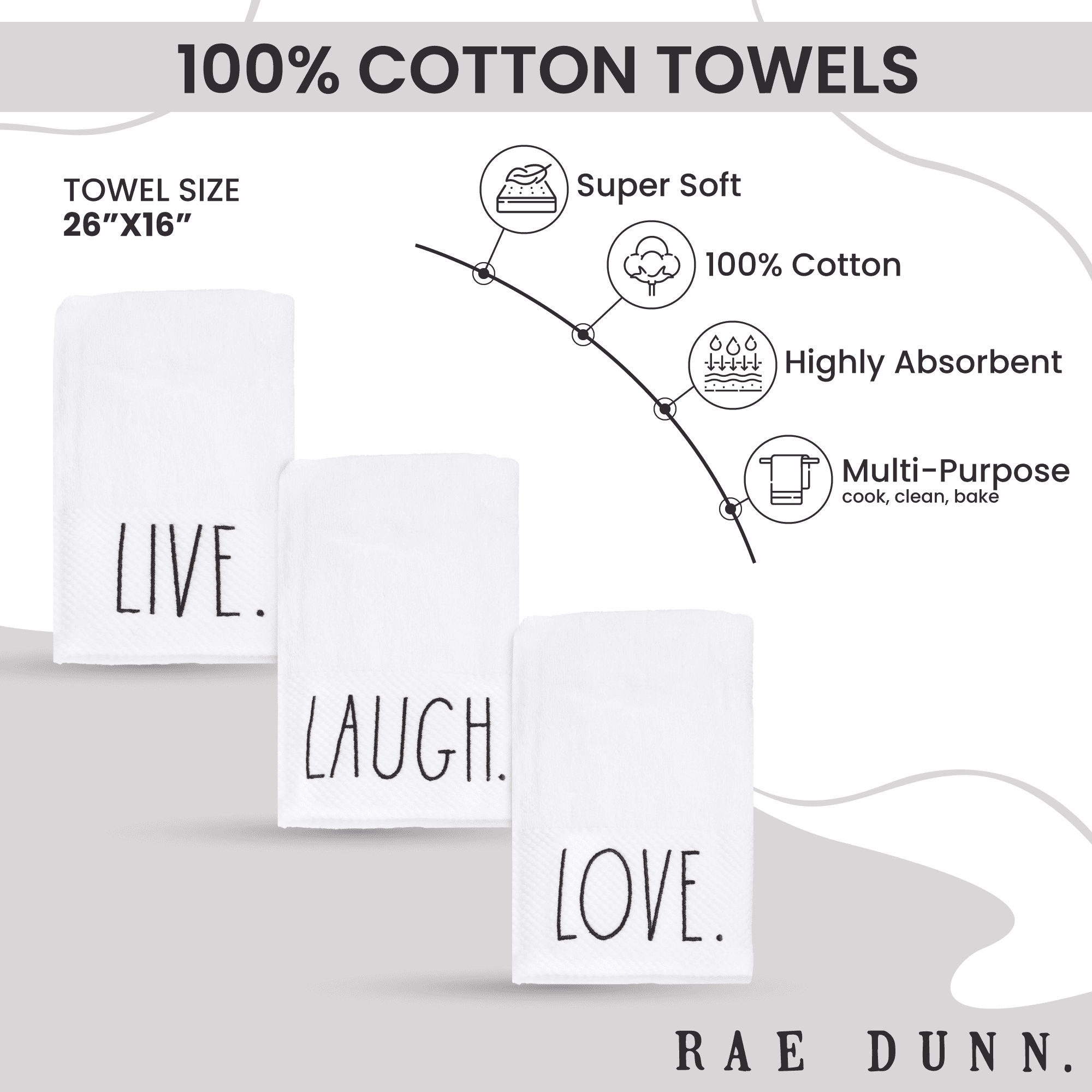 Rae Dunn Hand Towels, Embroidered Decorative Kitchen Towel for Kitchen and  Bathroom, 100% Cotton, Highly Absorbent, 3 Pack, 16x26, Embroidered Happy