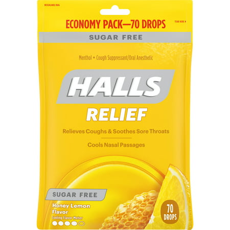 Halls Sugar Free Honey Lemon Cough Suppressant/Oral Anesthetic Menthol Drops 70 ct (Best Over The Counter For Cough)