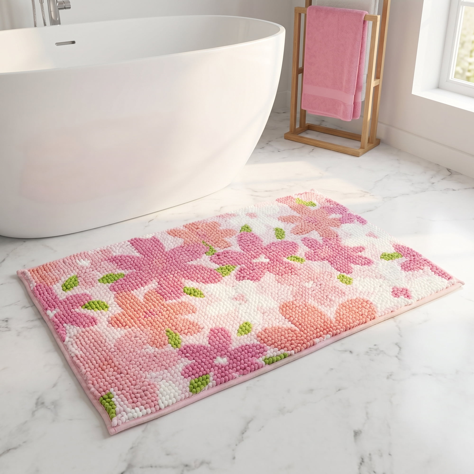 Unique Bargains Chenille Ultra Soft Non Slip Machine Washable Shower Rug Pink 24" x 16"