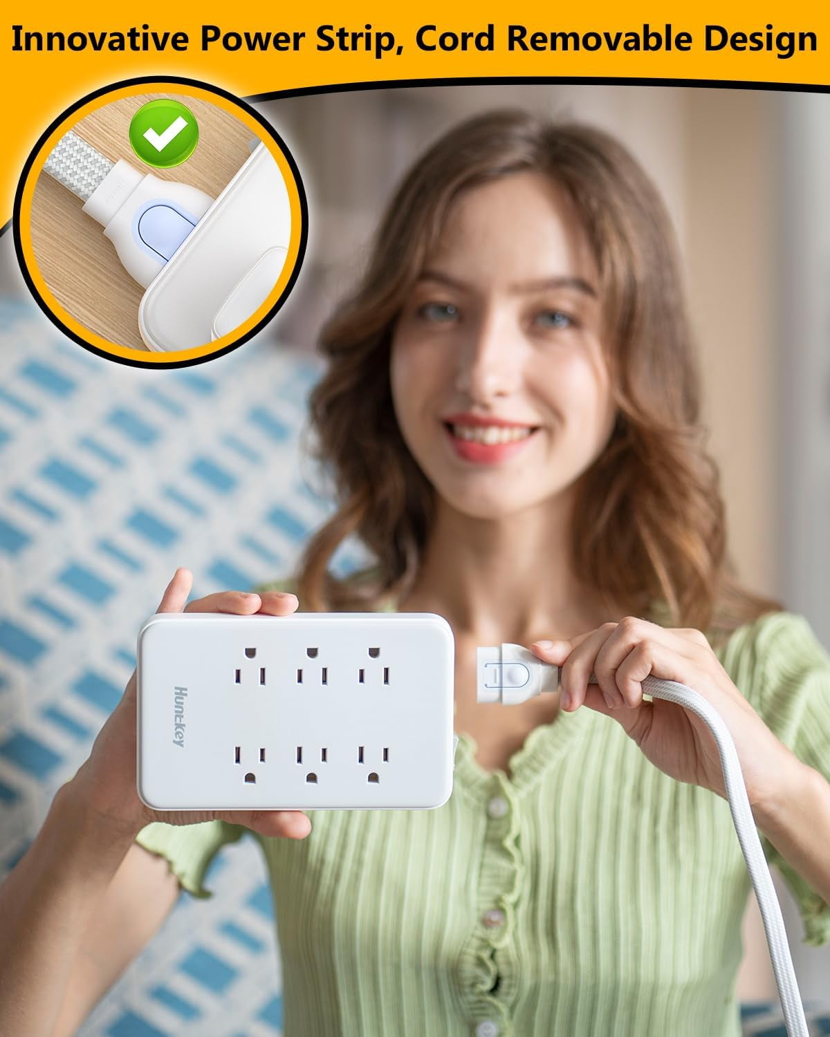 RGHJAR-Innovative Power Strip, Cord Removable Design, 6 Outlets Surge Protector with 4 USB Ports (2 USB-C, 2 USB-A), ETL Listed, Customize Cord Length