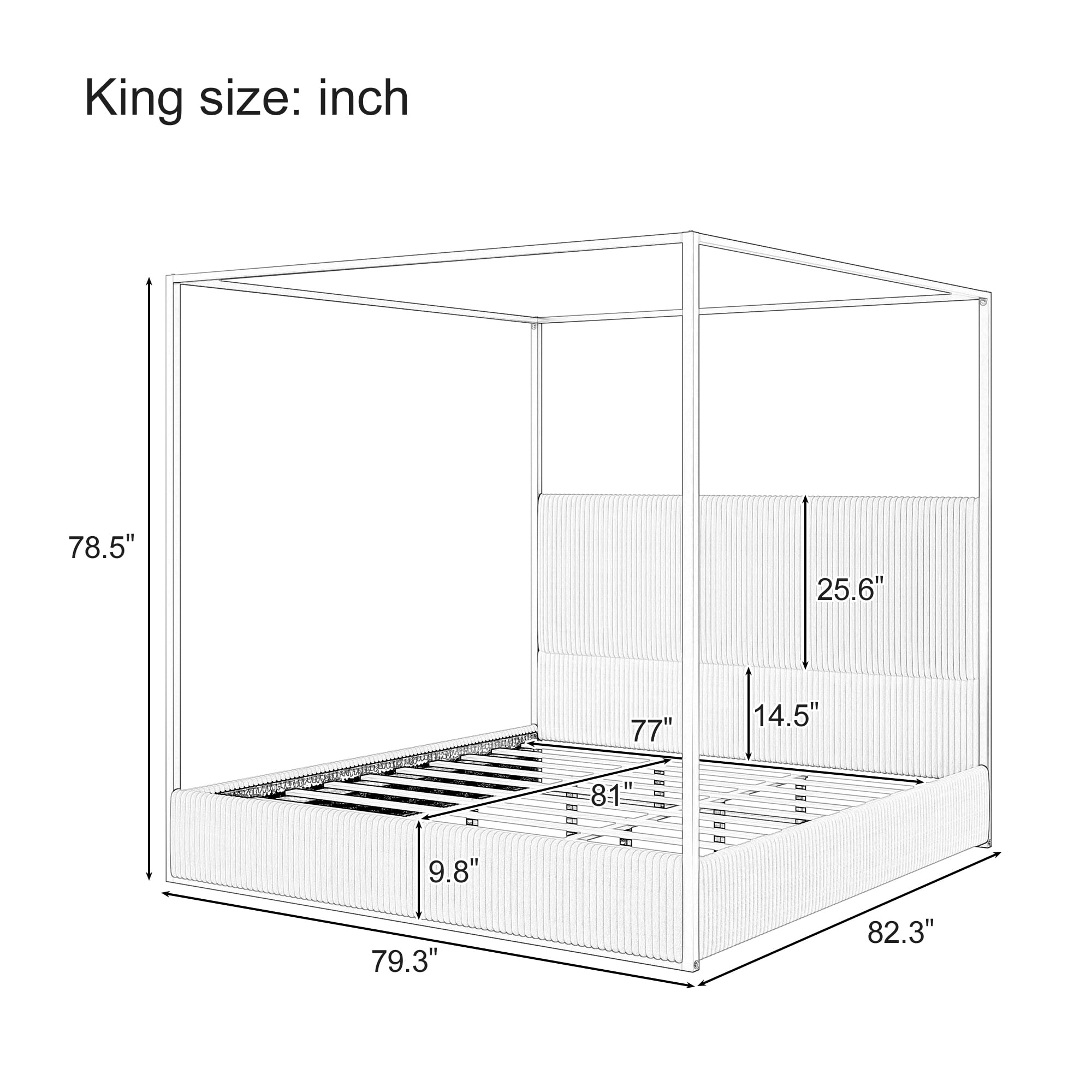 Euroco Metal King Size Canopy Bed, Modern Luxury Upholstery Headboard and Four Poster, Beige