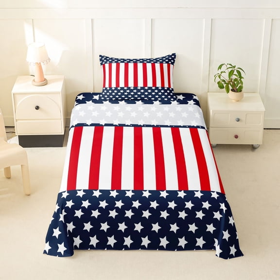 Manfei Stars Stripe Twin Sheets,Patriotic American Flag Bedding,Red Navy,3-Piece,1 Fitted Sheet and 1 Pillowcase