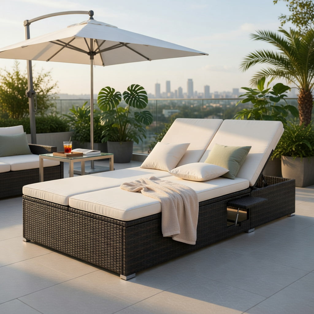 Hommoo Double Chaise Lounge with Adjustable Backrest, PE Rattan Outdoor Patio Lounger for Backyard, Poolside & Deck, Brown