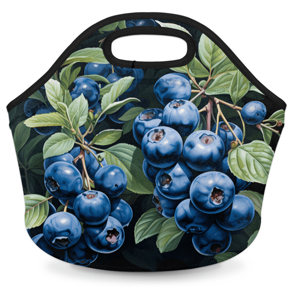 Herdesigns Fruit Printing Neoprene Lunch Bag, Blueberry Leaves Insulated Lunch Box for Women Men Washable Lunch Tote Soft Lunch Container With Zipper for Work Picnic Travel