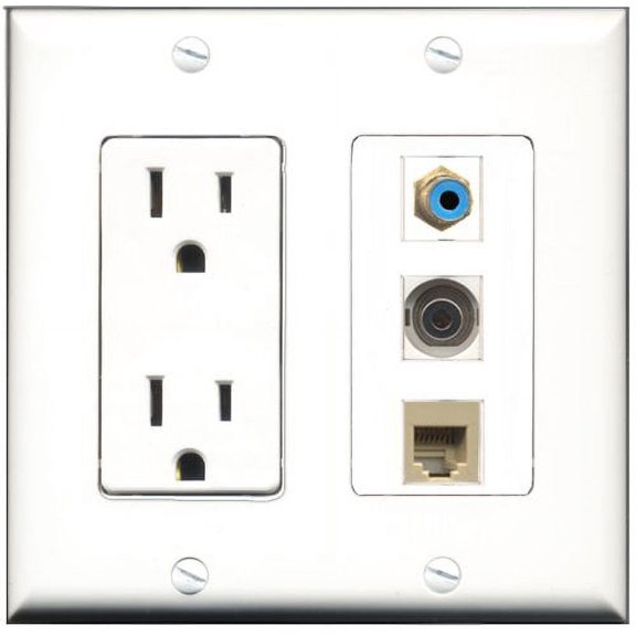 RiteAV - 15 Amp Power Outlet 1 Port RCA Blue 1 Port Phone Beige 1 Port 3.5mm Decorative Wall Plate