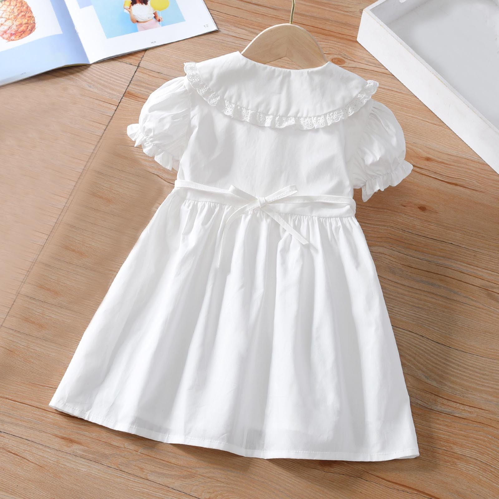 CHEEREAM Toddler Girls Casual Dress Puff Sleeve A-Line Swing Flared Party Birthday Dresses with Peter Pan Collar for 2-14 Years White 4 Years