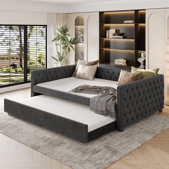 Full Size Upholstered Daybed with Trundle,Tufted Sofa Bed with Button & Copper Nail on Square Arms,Gray